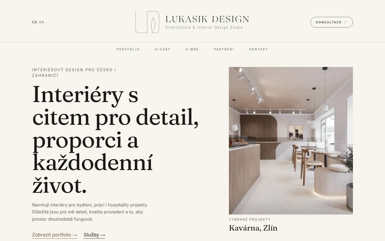 Главная Lukasik Design: заявление студии слева, избранный проект кафе в Злине справа