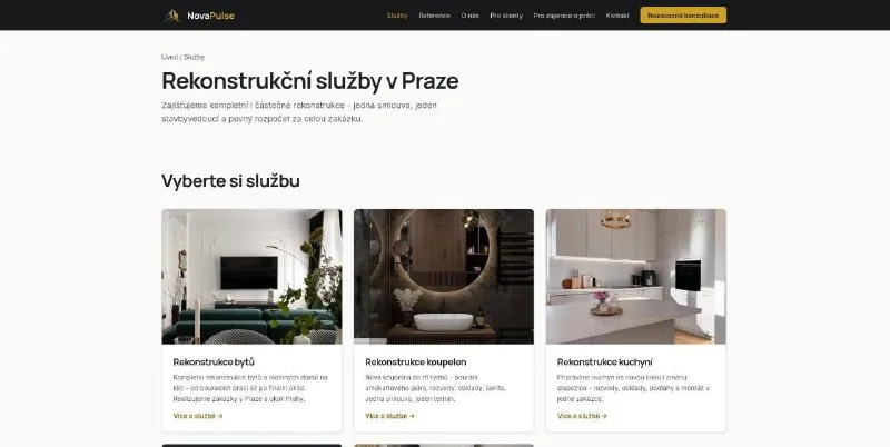 Страница услуг Nova Puls: три услуги по ремонту, для квартир, ванных и кухонь