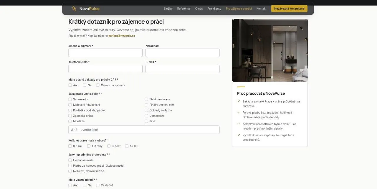 Страница вакансий Nova Puls: короткая анкета для мастеров, которые ищут работу